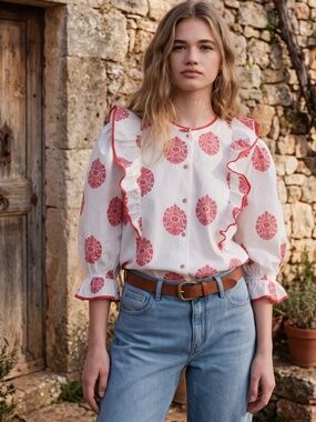 Sonmer Jo Round Neck Ruffle Blouse in White with Pink Medallion Print Size XS